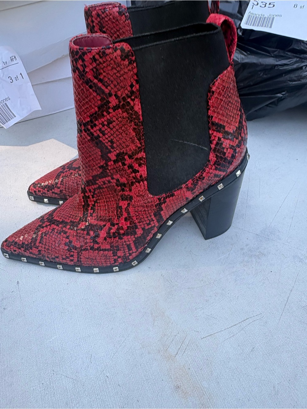 Charles David Red Snake-Print Studded Chelsea Booties